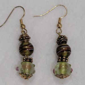 Gold tone and handblown moss green bead earrings